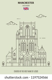 Church of the Holy Name of Jesus in Manchester, UK. Landmark icon in linear style