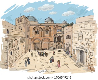 Church Of The Holy Sepulchre In Jerusalem. Israel. Hand Drawing Illustration. 