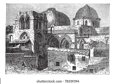 Church of the Holy Sepulchre or Church of the Resurrection in Jerusalem, Israel, during the 1890s, vintage engraving. Old engraved illustration of Church of the Holy Sepulchre. Trousset Encyclopedia
