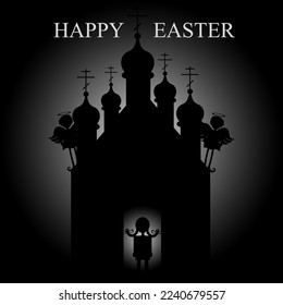 Church of the holy trinity. The silhouette of a Christian church and girl with pigtails in the doorway on night sky background with angels and inscription happy easter. Easter card.