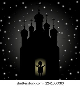 Church of the holy trinity. The silhouette of a Christian church and girl with pigtails in the doorway on night sky background with stars. Easter card.