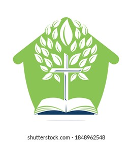 Church In Home, Bible Cross Tree Logo Design. Christian Church Tree Cross  Vector Template Design.