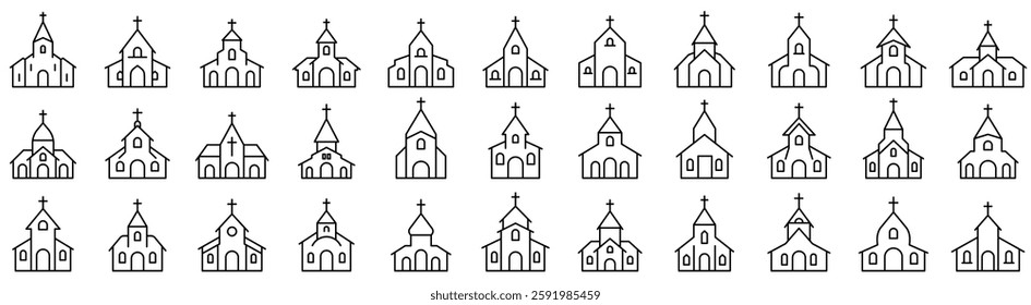 Church house icon. Editable stroke. Set of black linear icons of church. Symbol of a church building. Vector illustration