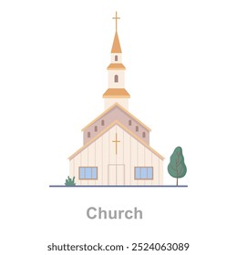 Church house, isolated exterior of municipal building for Christian worship service and mass. Vector flat cartoon style, religion and religious activities. Facade of wooden construction