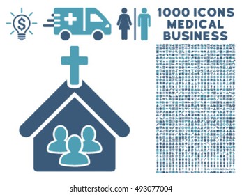 Church icon with 1000 medical business cyan and blue vector pictographs. Set style is flat bicolor symbols, white background.