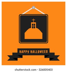 Church icon. Black Happy Halloween Ribbon Banner on Orange background. Vector illustration