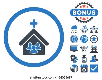 Church icon with bonus design elements. Vector illustration style is flat iconic bicolor symbols, smooth blue colors, white background.