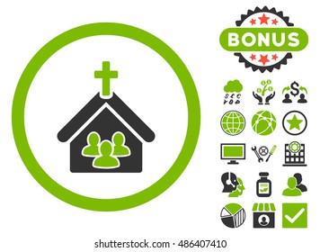 Church icon with bonus design elements. Vector illustration style is flat iconic bicolor symbols, eco green and gray colors, white background.