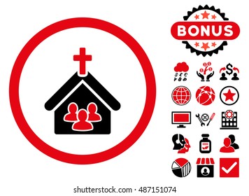 Church icon with bonus design elements. Vector illustration style is flat iconic bicolor symbols, intensive red and black colors, white background.