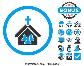 Church icon with bonus pictogram. Vector illustration style is flat iconic bicolor symbols, blue and gray colors, white background.