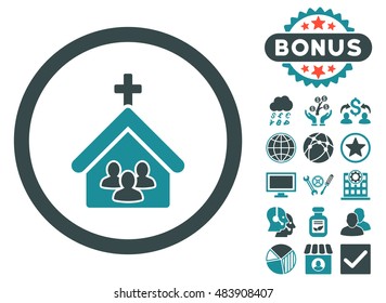 Church icon with bonus symbols. Vector illustration style is flat iconic bicolor symbols, soft blue colors, white background.