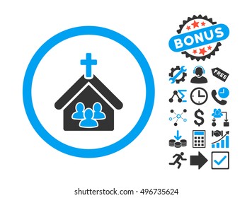 Church icon with bonus symbols. Vector illustration style is flat iconic bicolor symbols, blue and gray colors, white background.