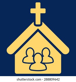 Church icon from Business Bicolor Set. This flat vector symbol uses yellow color, rounded angles, and isolated on a blue background.