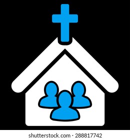 Church icon from Business Bicolor Set. This flat vector symbol uses blue and white colors, rounded angles, and isolated on a black background.