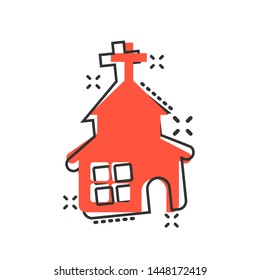 Church icon in comic style. Chapel vector cartoon illustration on white isolated background. Religious building business concept splash effect.