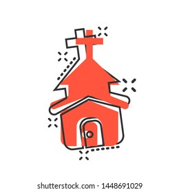 Church icon in comic style. Chapel vector cartoon illustration on white isolated background. Religious building business concept splash effect.