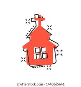 Church icon in comic style. Chapel vector cartoon illustration on white isolated background. Religious building business concept splash effect.