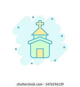 Church icon in comic style. Chapel vector cartoon illustration on white isolated background. Religious building business concept splash effect.