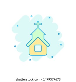 Church icon in comic style. Chapel vector cartoon illustration on white isolated background. Religious building business concept splash effect.