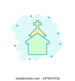 Church icon in comic style. Chapel vector cartoon illustration on white isolated background. Religious building business concept splash effect.