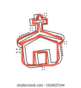 Church icon in comic style. Chapel vector cartoon illustration on white isolated background. Religious building business concept splash effect.