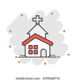 Church icon in comic style. Chapel vector cartoon illustration on white isolated background. Religious building business concept splash effect.