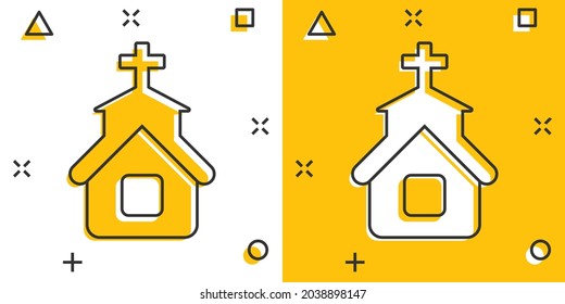 Church icon in comic style. Chapel vector cartoon illustration on white isolated background. Religious building business concept splash effect.