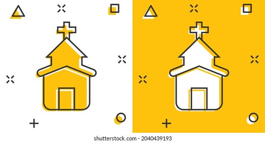 Church icon in comic style. Chapel vector cartoon illustration on white isolated background. Religious building business concept splash effect.