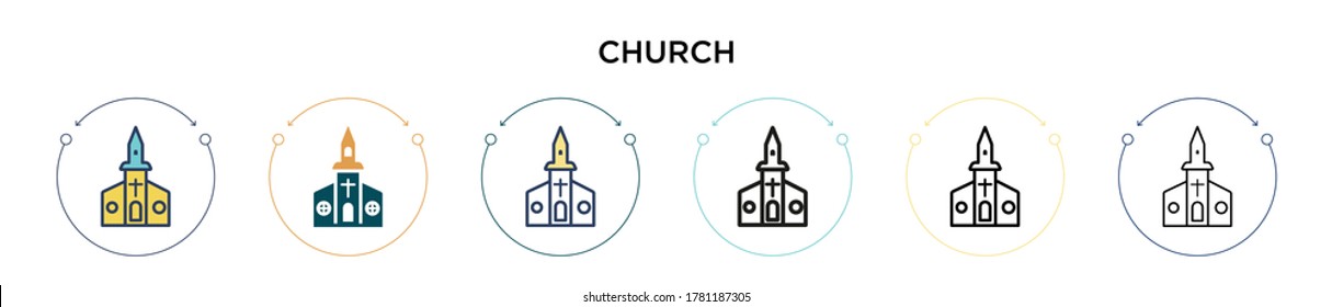 Church icon in filled, thin line, outline and stroke style. Vector illustration of two colored and black church vector icons designs can be used for mobile, ui, web