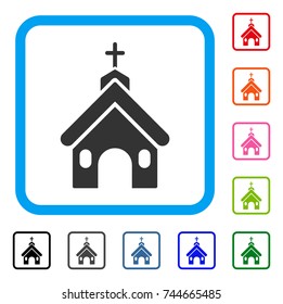 Church icon. Flat gray iconic symbol inside a blue rounded frame. Black, gray, green, blue, red, orange color versions of Church vector. Designed for web and app UI.