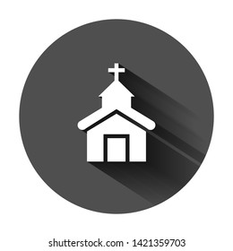 Church icon in flat style. Chapel vector illustration on black round background with long shadow. Religious building business concept.