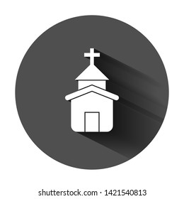 Church icon in flat style. Chapel vector illustration on black round background with long shadow. Religious building business concept.