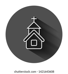 Church icon in flat style. Chapel vector illustration on black round background with long shadow. Religious building business concept.