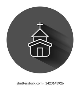 Church icon in flat style. Chapel vector illustration on black round background with long shadow. Religious building business concept.