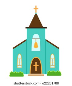 Church icon isolated on white background. Vector illustration for religion architecture design. Cartoon church building silhouette with cross, chapel, bell. Catholic holy traditional symbol.