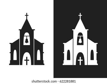 Church icon isolated on white background. Vector illustration for religion architecture design. Cartoon church building silhouette with cross, chapel, bell. Catholic holy traditional symbol.