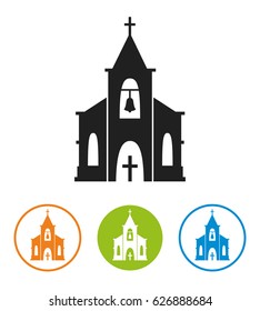 Church icon isolated on white background. Vector illustration for religion architecture design. Cartoon church building silhouette with cross, chapel, bell. Catholic holy traditional symbol.