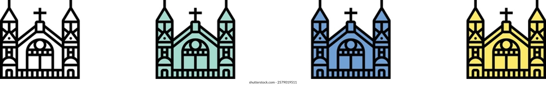 church icon. Outline, Green, Blue and Yellow Style Design Isolated On White Background