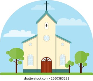 Church, church icon, realistic church on blue sky and trees background. Vector, designer illustration. Vector.