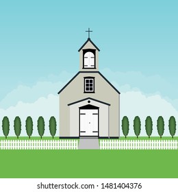 Church icon, for religion architecture design. Cartoon church building silhouette with cross, chapel, fence, trees. Catholic holy traditional symbol. Vector illustration in flat style.