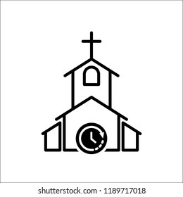 Church icon, Religion building, christian, christianity temple icon with time sign. Church icon and countdown, deadline, schedule, planning symbol. Vector
