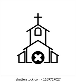 Church icon, Religion building, christian, christianity temple icon with cancel sign. Church icon and close, delete, remove symbol. Vector