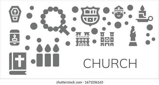 church icon set. 11 filled church icons.  Simple modern icons such as: Coffin, Rosary, Candle,, Bible, Barcelona, Candles, Priest, Bishop