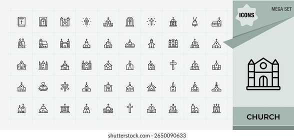 Conjunto de ícones da Igreja. Coleção de ícones de contorno do vetor Faith. Coleção para aplicativos móveis e Web. Conjunto de ícones de linha de vetor da sinagoga. Ilustração vetorial. Pixel perfeito.