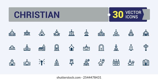 Church icon set. Featuring synagogue, graphic, religion, sanctuary, temple, place, belief, cross. Thin linear style icons. Editable stroke.