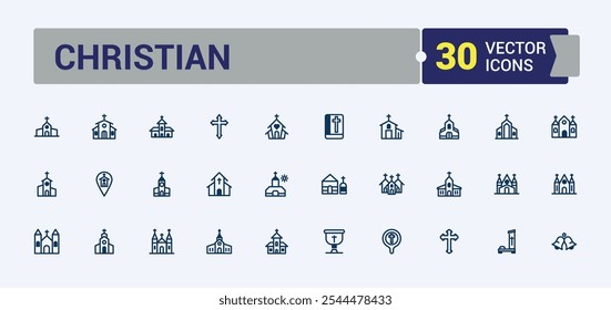 Church icon set. Featuring synagogue, graphic, religion, sanctuary, temple, place, belief, cross. Thin linear style icons. Editable stroke.