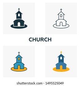 Church icon set. Four elements in diferent styles from honeymoon icons collection. Creative church icons filled, outline, colored and flat symbols.