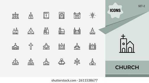 Church icon set. Included temple, religion, sanctuary, building, christ and more. Minimalist editable vector stroke. Cross related icon. Editable stroke. Vector collection.