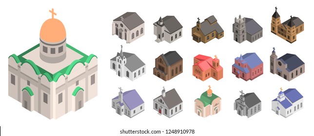 Conjunto de iconos de la iglesia. Conjunto isométrico de iconos vectoriales de iglesia para el diseño web aislado en fondo blanco