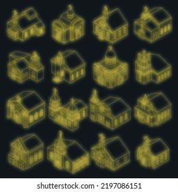 Church icon set. Isometric set of church vector icons neon color on black